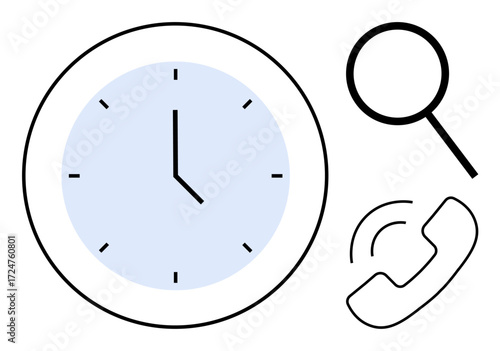 Clock combined with magnifying glass for focus and phone for communication. Ideal for productivity, time tracking, communication, task prioritization, business, planning, teamwork. Simple flat