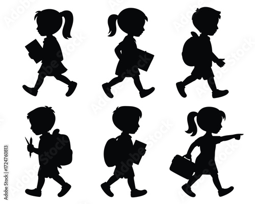 Set of six black silhouette illustrations of children walking with backpacks and books vector eps vector