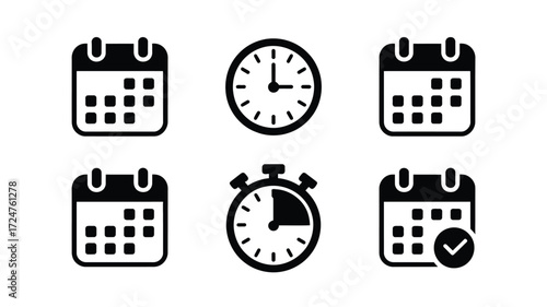 Set of six black and white minimalist icons representing calendar and clock elements for vector graphics vector