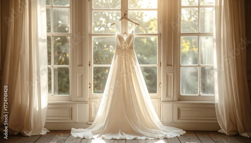 Elegant wedding dress displayed in sunlight