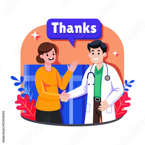 Flat style illustration showing a patient thanking doctor 