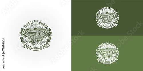 A circular, vintage-style logo for a mobile chicken farming business. It features a chicken coop on wheels in a vineyard, surrounded by free-range chickens. The name is framed by grapevines.
