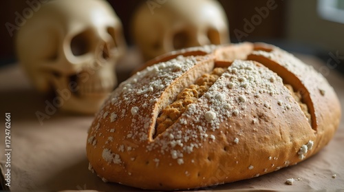 Close-up of a decaying bread loaf covered in white mold, with blurred human skulls in the background.