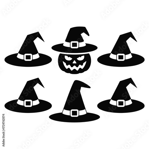 Six witch hats and a spooky jack-o'-lantern halloween vector illustration scalable eps graphic vector