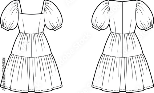 Blank puff sleeve dress front and back fashion flat sketch, women clothing template, stylish casual outfit design, apparel cad vector illustration