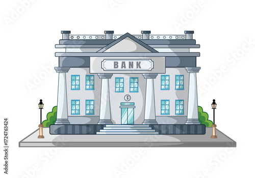Elegant Bank Architecture Front View with Columns Flat Vector Illustration