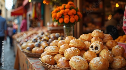 Day of the Dead Bread and Marigolds at Market Stall
