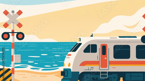 Train On The Beach Illustrator Artwork Banner Background Design Template 