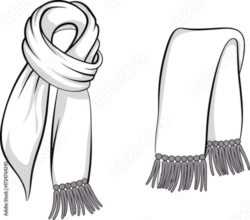 Cad drawing flat vector illustration, winter scarf fashion design template, clothing accessory sketch with tassel, folded and draped scarf style