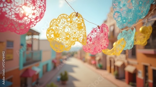Colorful Papel Picado Banners Hanging Over a Sunlit Street in a Mexican Town.