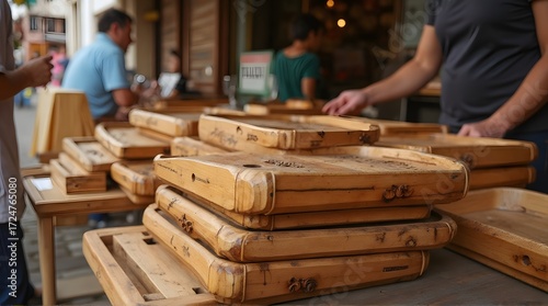Stacked Natural Bamboo Tea Trays with Intricate Carvings in a Market