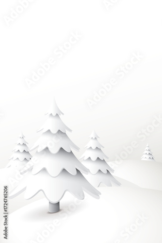 Minimalist cute winter landscape with pine trees covered by snow on white vertical background graphic illustration have blank space.