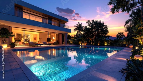 Modern house pool sunset view