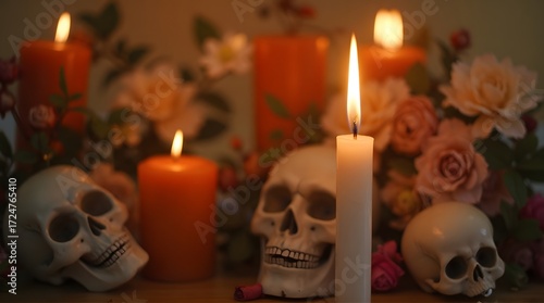 Atmospheric Day of the Dead altar with skulls, burning candles, and soft-focus flowers.