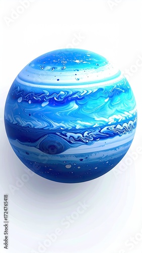 A digitally rendered, spherical planet with swirling blue and white bands, speckled with tiny white dots, casts a subtle shadow on a white background