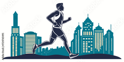 Urban Runner:  Stylish Silhouette Jogging Against Teal Cityscape, Active Lifestyle, Modern Vector Illustration, Dynamic Energy, Fitness Motivation.