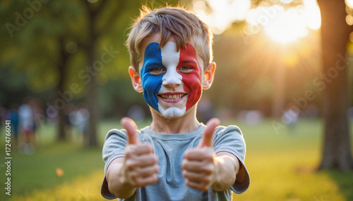  Happy boy with French flag face paint giving thumbs up in park