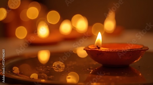 Close-up of a lit clay diya with bokeh lights in the background