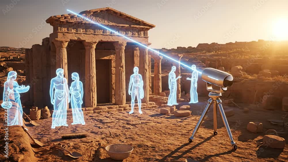Ancient civilization's holographic projection of figures near temple ...