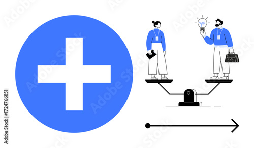Business professionals stand on a balance scale next to a large plus icon. One presents an idea represented by a light bulb. Ideal for cooperation, equality, progress, decision-making, innovation