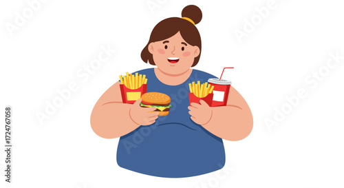 Flat vector design showing overweight woman holding fast food like burger, fries, and soda, isolated on white background, concept of unhealthy eating and obesity