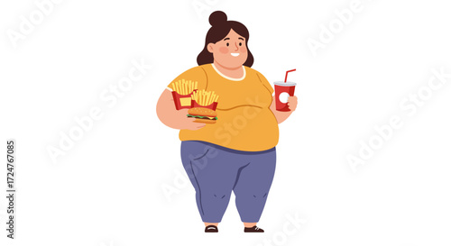 Flat vector design showing overweight woman holding fast food like burger, fries, and soda, isolated on white background, concept of unhealthy eating and obesity