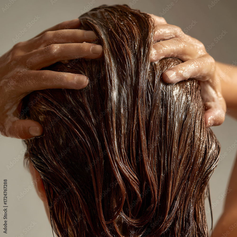 Fototapeta premium Close-Up of Hands Applying Hair Product on Wet Hair