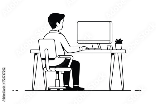 Minimalist black and white line art vector illustration of a person working at a computer vector