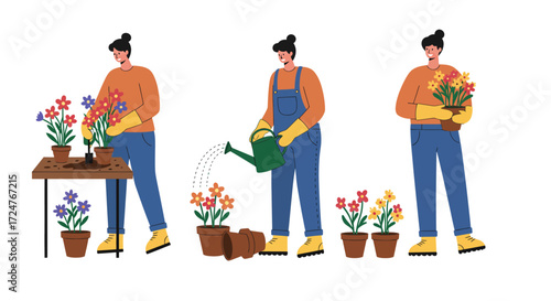 Flat vector illustration of DIY summer gardening, person planting flowers, watering plants, and arranging pots, clean style