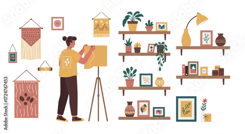 Flat vector illustration of DIY interior decoration, person creating handmade wall art, shelves, and home decor items, isolated on white background