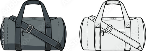Duffle bag vector illustration, CAD drawing flat sketch, travel sports gym bag design template, front view accessory, fashion bag illustration
