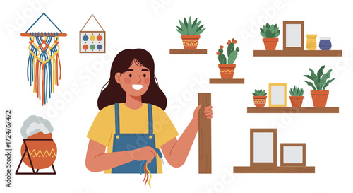Flat vector illustration of DIY interior decoration, person creating handmade wall art, shelves, and home decor items, isolated on white background