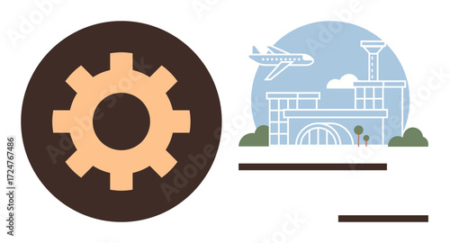 Gear icon alongside an airport terminal and airplane in flight. Ideal for travel, logistics, transportation, engineering, aviation management, innovation, and progress. Simple flat metaphor