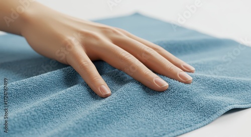 Wallpaper Mural A light-blue towel is gently touched by a hand, showcasing its soft texture and smooth surface. Torontodigital.ca