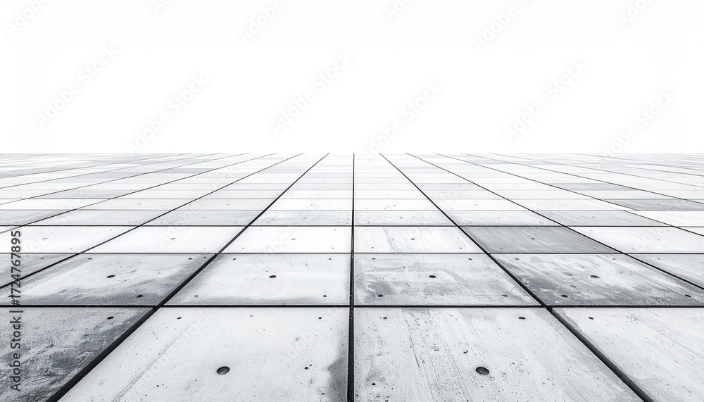 Fototapeta premium A perspective view of a vast, tiled floor receding to a bright white horizon, showcasing a grid pattern of light grey, textured squares with subtle variations in tone and occasional dark spots