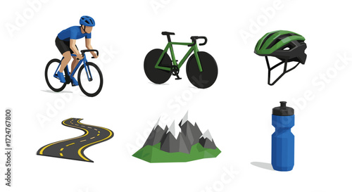 Illustration of cyclist, bikes, helmet, road, mountains and water bottle