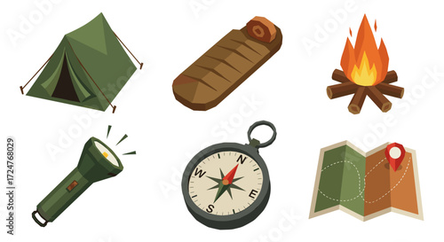 Illustration of camping equipment including tent, sleeping bag and compass