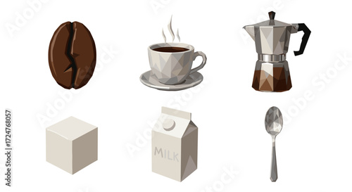 Illustration of coffee bean, cup, maker, sugar, milk carton, and spoon