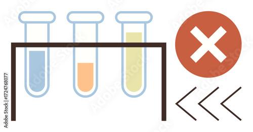 Three test tubes with varied liquid colors in a rack beside a red error X and directional arrows. Ideal for science, laboratory safety, experimentation, analysis, failure concept, troubleshooting