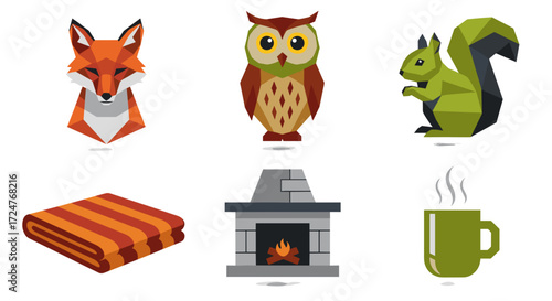 Geometric animals fireplace blanket and mug arranged on white background