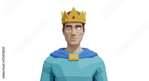 Low poly illustration of a king with a golden crown and blue capelet