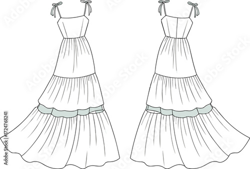 Elegant long summer dress fashion design, sleeveless maxi dress with bow straps, tiered skirt illustration, CAD drawing, flat vector illustration