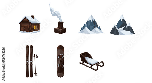 Illustration of a winter scene with cabin, mountains, and ski equipment