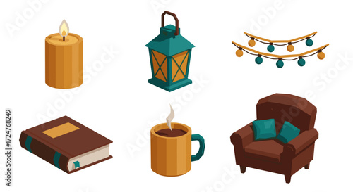 Isometric view of candle lantern string lights book coffee and armchair