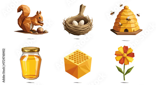 Illustration showing squirrel, bird nest, beehive, honey, honeycomb, flower