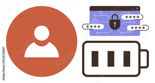 User avatar in red circle, secure password encryption with padlock symbol, and battery charge graphic. Ideal for identity protection, cybersecurity, login management, data encryption, authentication