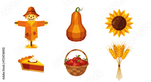 Illustration of autumn harvest elements including scarecrow and crops
