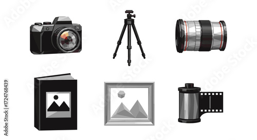 Illustration of camera equipment including lens tripod and photo album