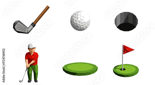 Illustration of a golfer with golf club ball hole and flag on the green