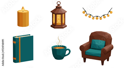 Illustration of candle lantern string lights book mug and armchair set